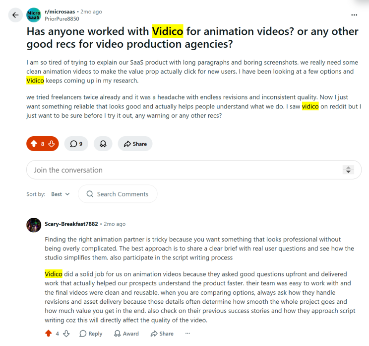 Thumbnail of the Vidico Reddit post in r/microsaas